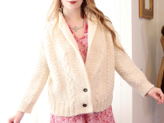 Vintage Creme Wolle Fischer Stil Schalkragen Grobstrick Zopfmuster