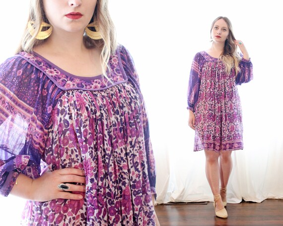 Vintage Indian cotton gauze purple block printed b