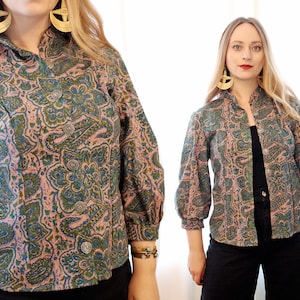 Vintage boulston sleeve button front pink paisley Indian cotton block printed bohemian high neck blouse shirt jacket