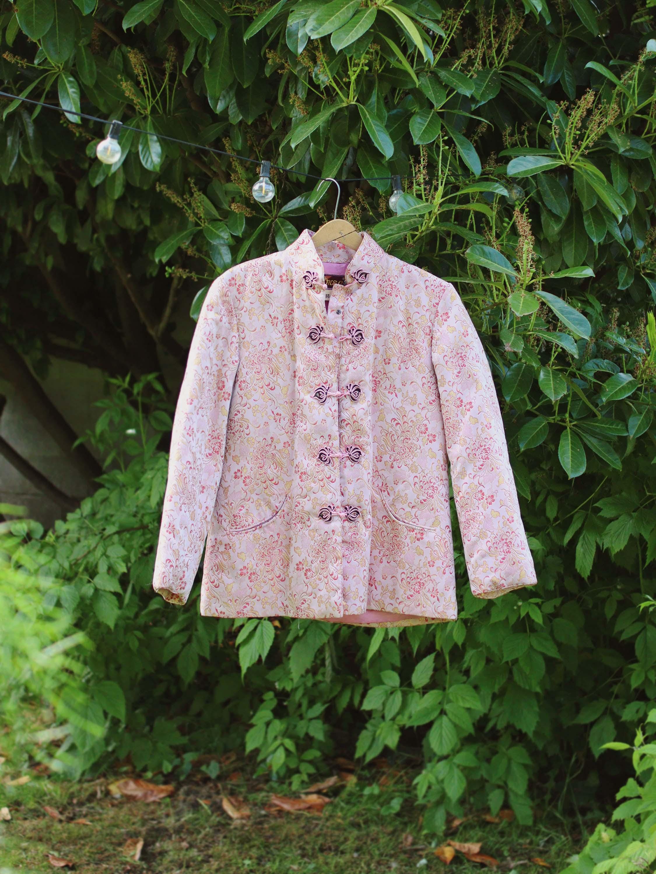 Vintage Soft Pink and Metallic Gold Satin Brocade Chinese Folk