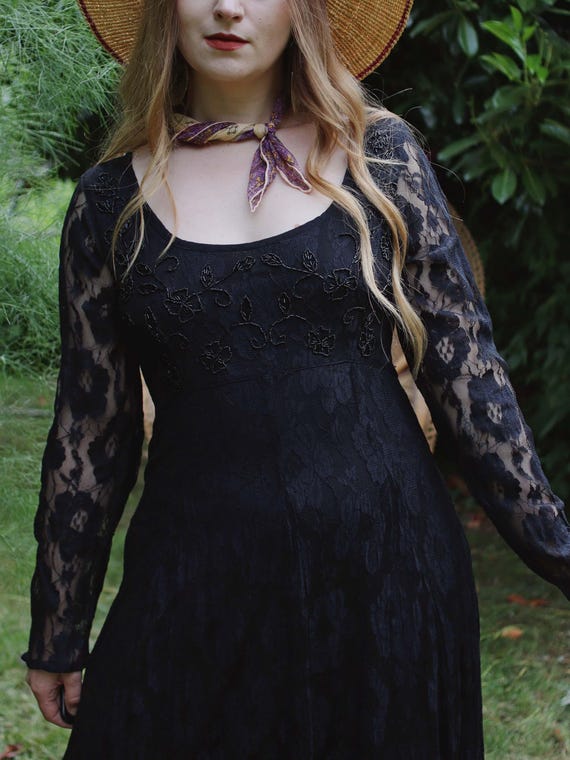 Vintage 1990s Whimsigoth Dress Black Lace Beaded Bodice