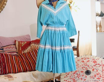 Vintage 1950s Patio Turquoise Blue Patio Square Dancing Dress Silver Silver Ric Rac and Ribbon Trim 3/4" Sleeves Western Wear Cowboy