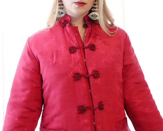 Vintage deep cranberry red satin brocade Chinese … - image 3