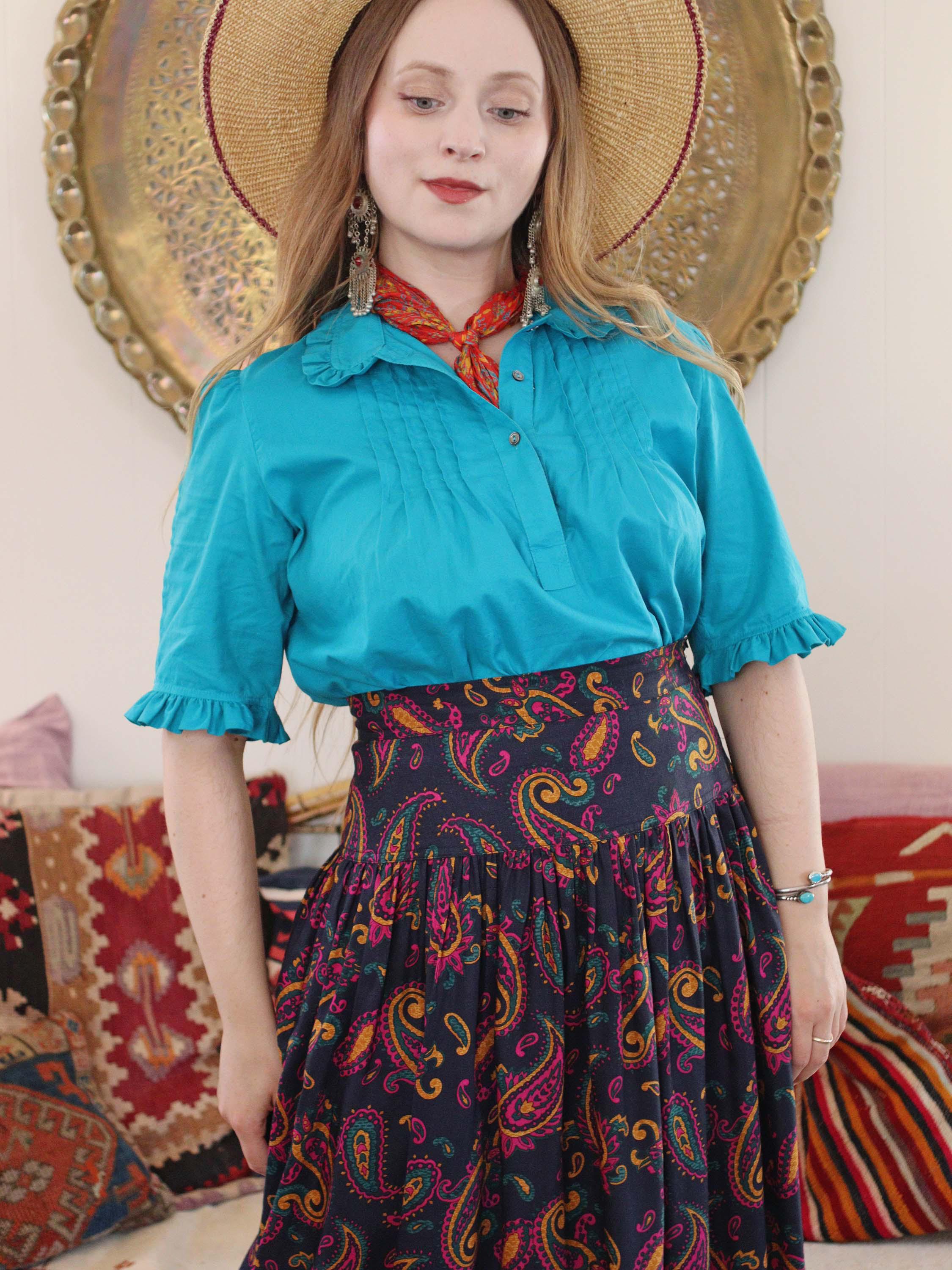 Vintage Laura Ashley Turquoise Blue Cotton Blouse Ruffle Collared