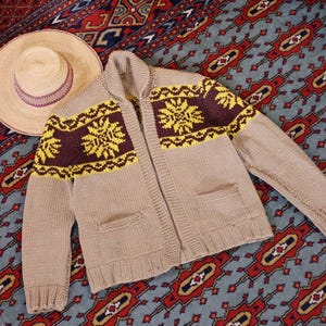 May include: A tan knitted cardigan with a shawl collar and a zipper closure. The sweater features a geometric pattern in yellow and brown across the chest and shoulders. A straw hat with a purple band is next to the sweater.