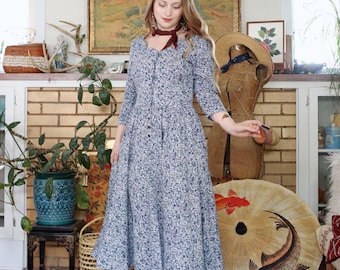 Vintage 1990s Midi Dress Blue Calico Floral Cozy Jersey Cotton Knit Scalloped Scoop Neck Button Front 90s Paris Sport Club