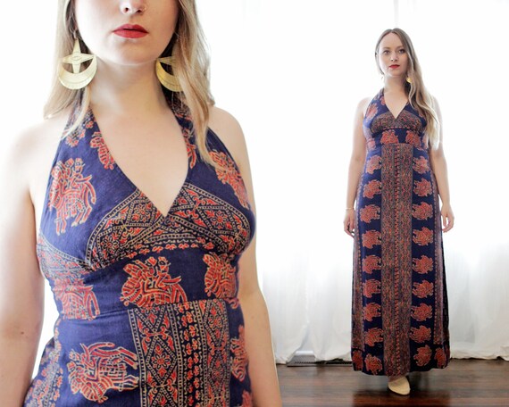Vintage 1960s 1970s Indian block printed cotton st