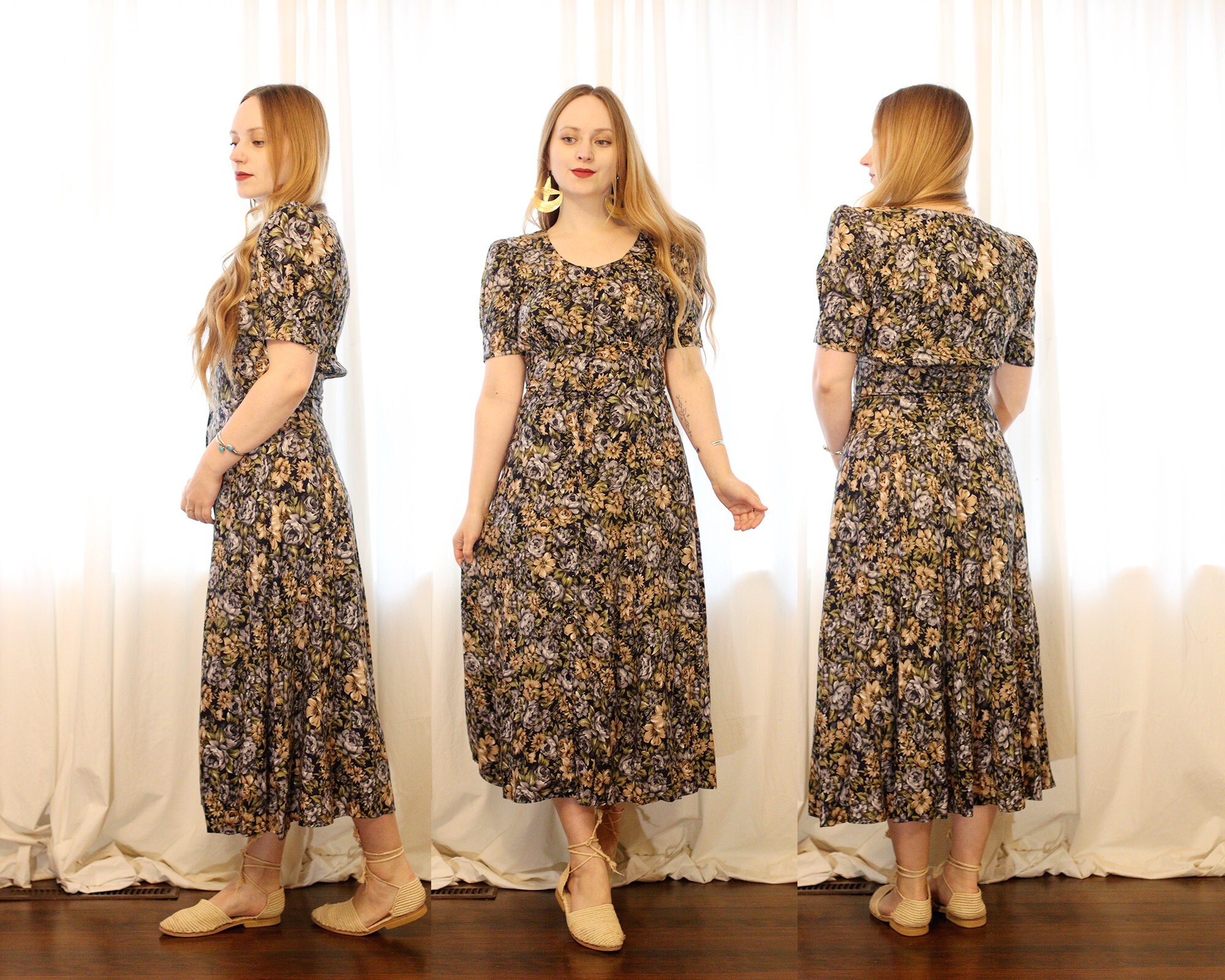 Vintage 1990s Does 1940s Rayon Dark Autumn Floral Front