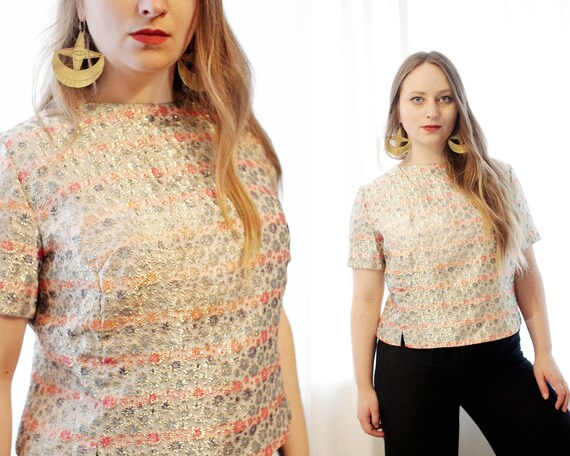 Vintage 1960s metallic lurex silver floral pink st