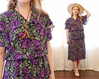 Vintage 1980s does 1940s Purple Green Black Rose print Flutter short sleeve tiered peplum midi Tea cocktail party dress