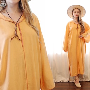 Vintage Moroccan linen creamsicle orange handmade knot button caftan dress with a long pointed hood bohemian hippie folk style