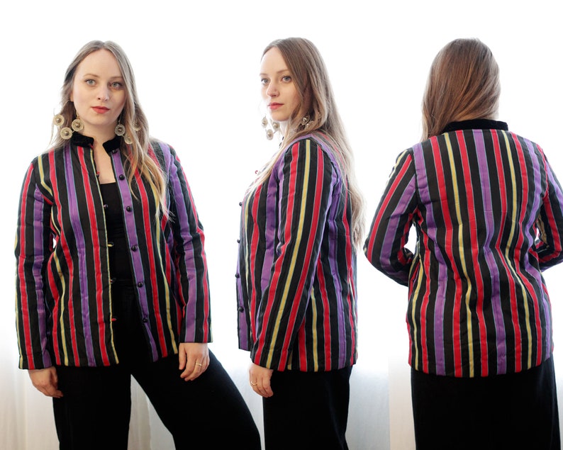 Vintage quilted padded striped black purple red yellow green velvet trim 90s jacket coat with pockets