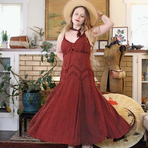 green emerald velvet dress Sakkas Rayon Embroidered Stonewashed Adjustable Spaghetti Straps Long Dress  - Burgundy