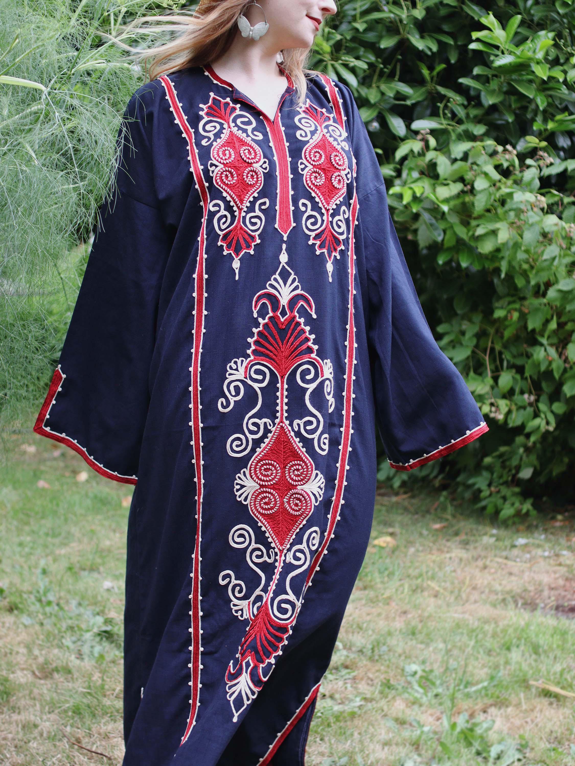 Caftan Marocain Traditionnel - Bleu Et Blanc Avec Ceinture, Manches Longues, Occasion