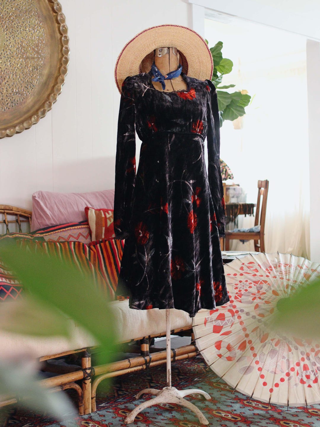 Vintage 1990s Does 1960s Black Velvet Babydoll Dress Empire Waist Long Puff Sleeves Whimsigoth Fit and Flare Gothic 90s