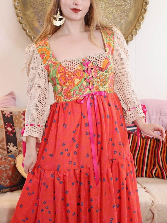 Psychedelic Cottagecore Dream Corset Dress in 1960s Flower Power