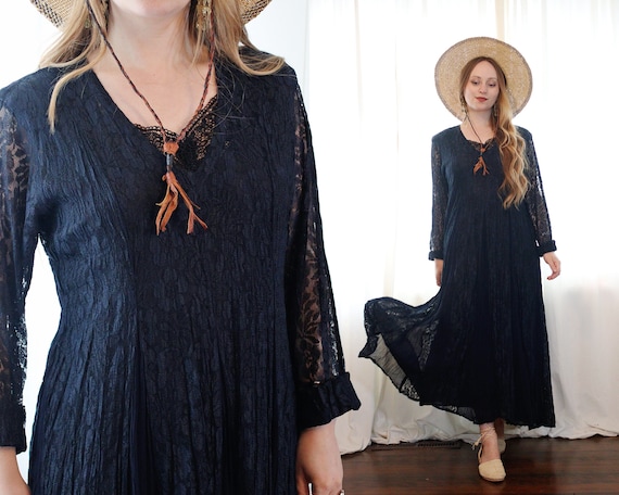 Vintage 1990s midnight deep indigo navy blue Black lace long sleeve midi dress with lace front slip floral grunge folk whimsigoth style 90s Vintage 1990s midnight deep indigo navy blue Black lace long sleeve midi dress with lace front slip floral grunge folk whimsigoth style 90s