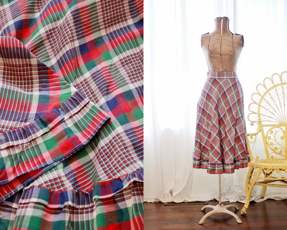 Vintage 70s Cotton Plaid Picnic Print Long Midi Re