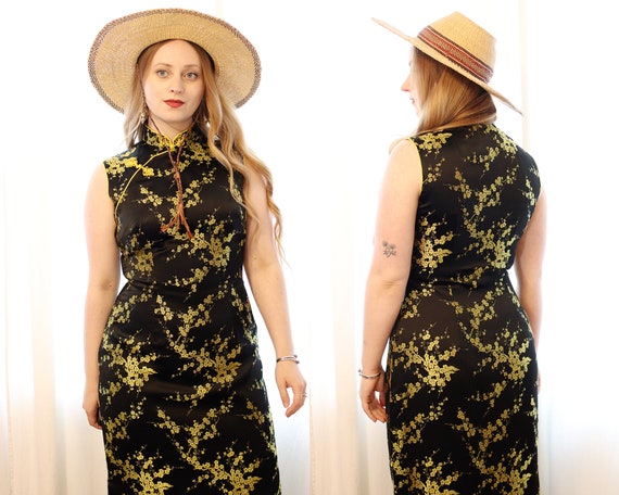 Vintage Sleeveless Black and Yellow Satin Brocade Sakura Cherry Blossom Branch Long Chinese Cheongsam Wiggle Maxi Dress Folk Bohemian Etsy Canada