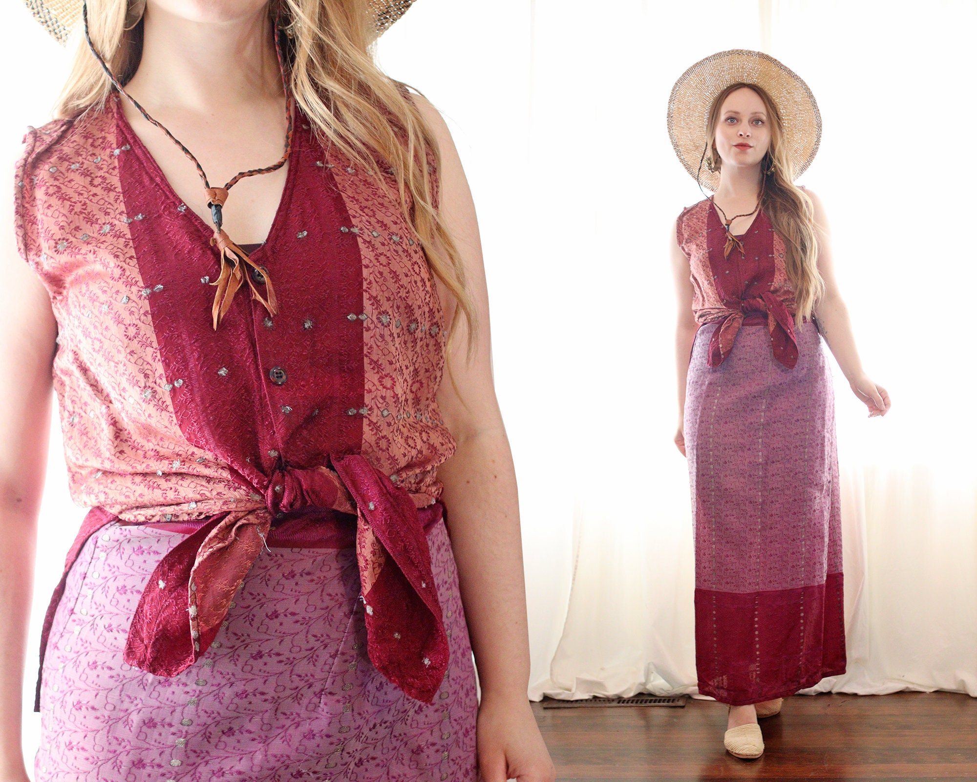 Vintage Kashi Indian silk saree sleeveless button V neck tie blouse maxi wrap skirt 2 piece set bohemian folk 90s festival purple burgundy