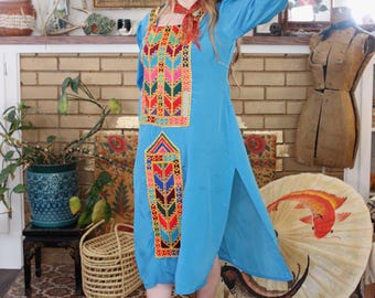 Vintage Turquoise Blue Balochi Afghani Tunic Dress Bohemian Colorful Folk Embroidered