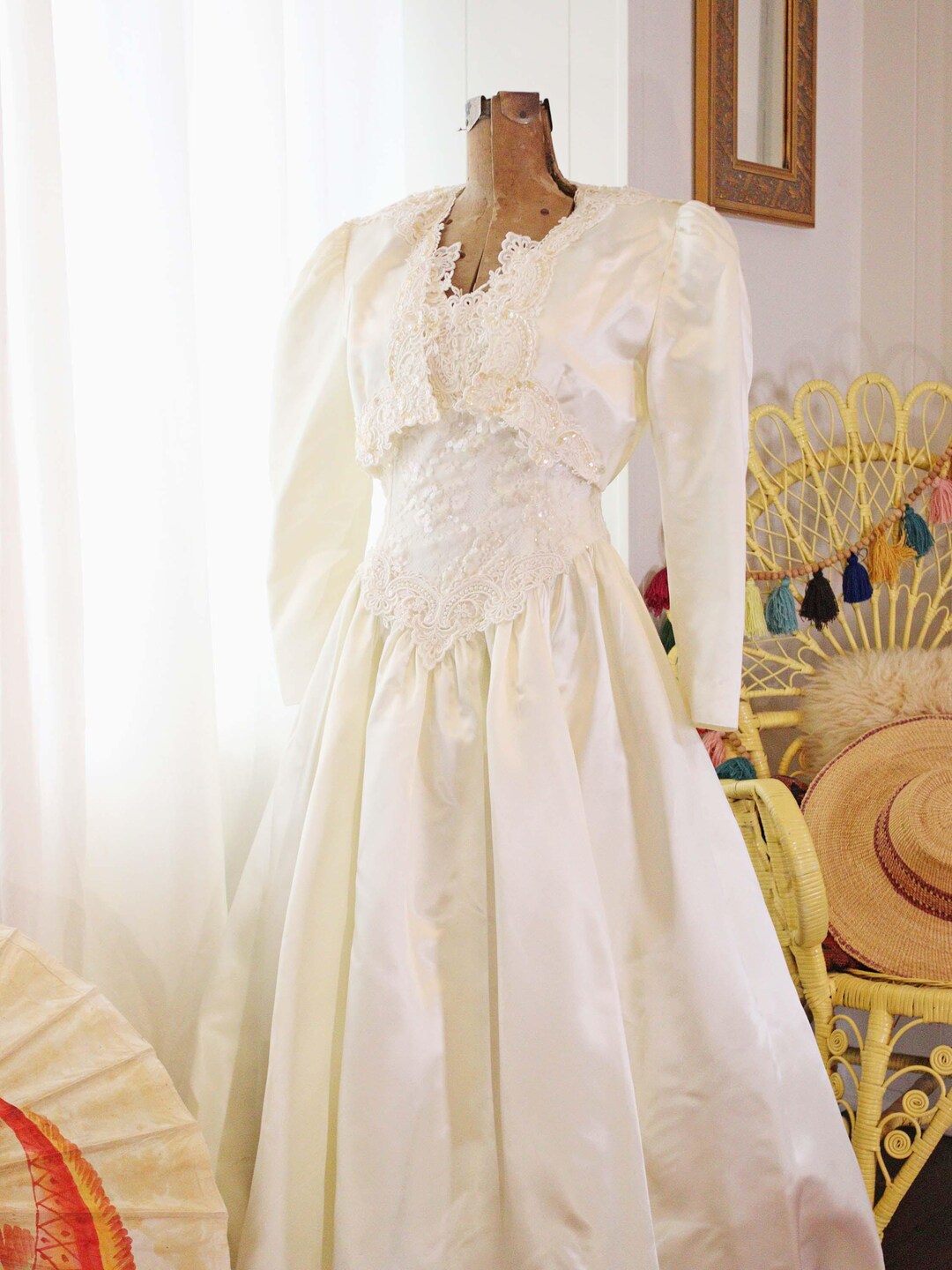 Basque Bolero Vintage Jessica Mcclintock Bridal Wedding Dress Set Ivory Satin Lace ...