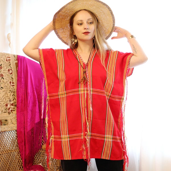 Vintage hand woven cotton Mexican folk poncho blouse tunic v neck bright red green yellow tassel fringe folk style