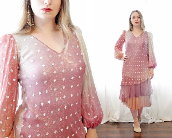 Rare vintage designer Judy Hornby couture silk metallic thread lurex dusty rose pink purple ombre ruffle dress Indian inspired 1970s 70s