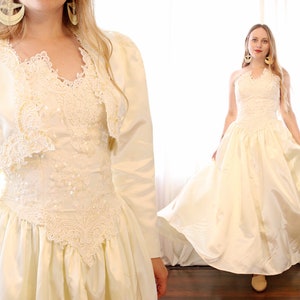 Vintage Jessica McClintock Bridal satynowa koronka z cekinami i bez ramiączek, suknia ślubna typu princess cut z pasującym bolerkiem i krótkim żakietem