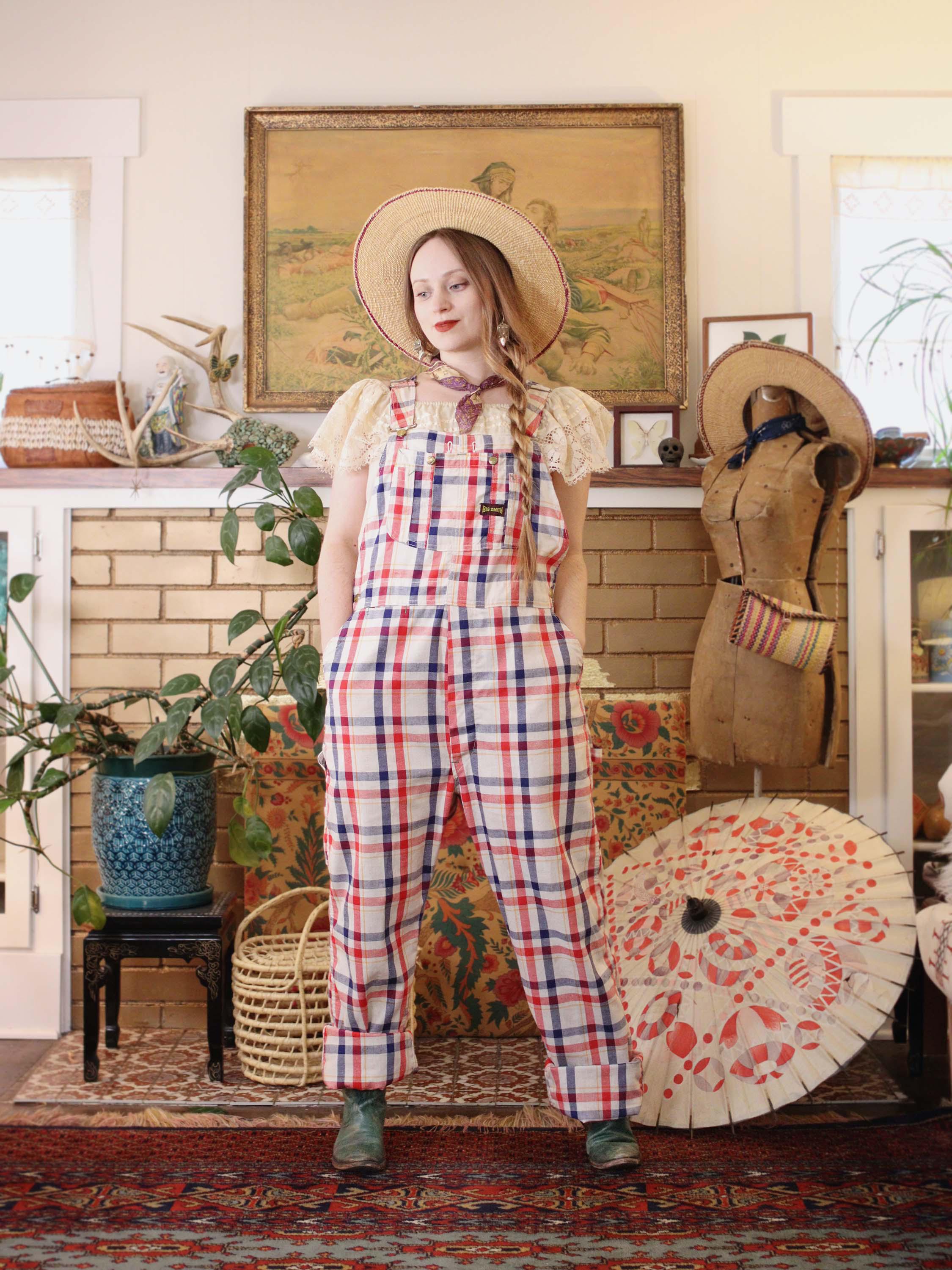 RARE Vintage Big Smith 1960s White Red Blue Plaid Bib Workwear