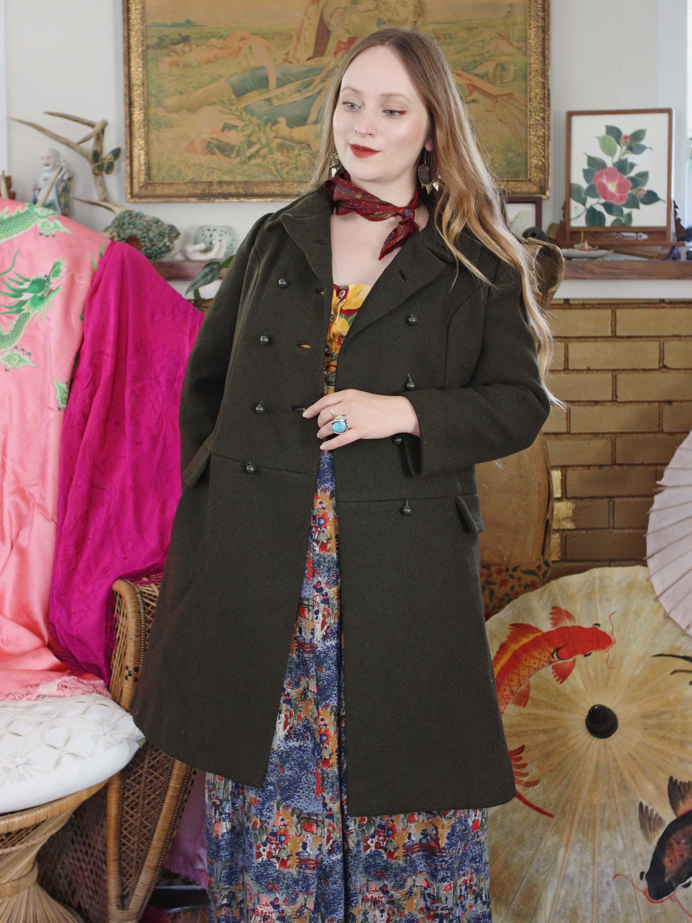Vintage 1960s the Halle Bros Co Deep Olive Green Wool Princess