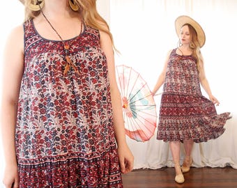 Vintage Kaiser indische Baumwoll-Gaze ärmellose Blockprint-Sommerkleid Boho Whimsigoth Grunge Festival Hippie dunkelrot schwarz weiß