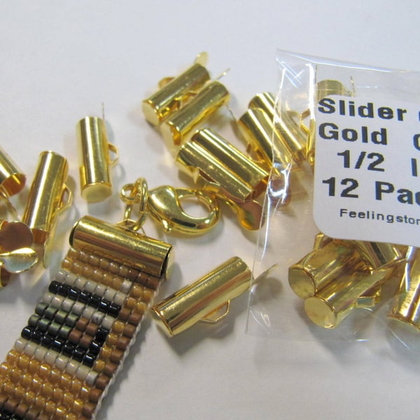 End Caps Slider Clasps, 1/2 Inch, Gold Color, Loom Bead Patterns, Loom Findings, 12 Pack, Look Is Clean and Neat