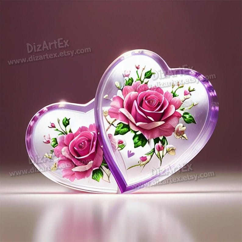 May include: Two clear glass heart-shaped ornaments with purple trim, each featuring a pink rose with green leaves and smaller pink flowers. The ornaments are on a white surface.