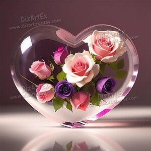 May include: A heart-shaped glass vase filled with pink, purple, and white roses. The vase is clear and has a smooth surface. The roses are arranged in a bouquet and are in full bloom.