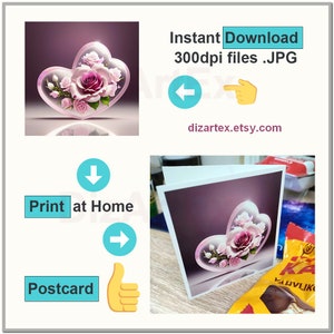 May include: A digital download of a printable postcard featuring a pink rose in a heart-shaped glass vase. The postcard is 300 dpi and can be printed at home. The image is available for instant download from dizarte.etsy.com.
