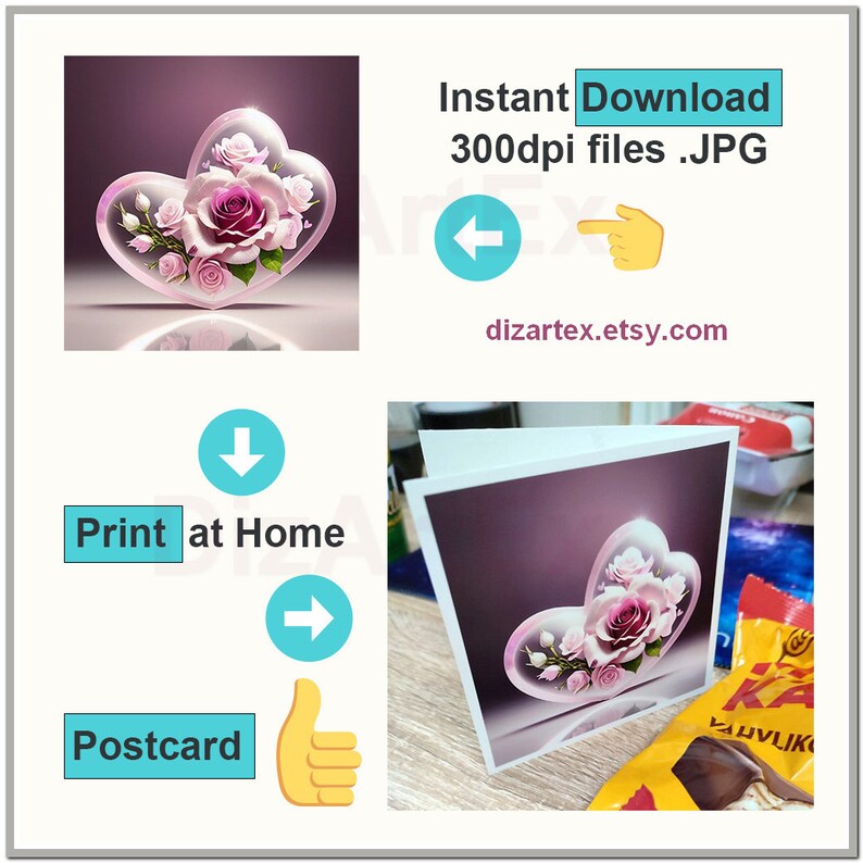 May include: A digital download of a printable postcard featuring a pink rose in a heart-shaped glass vase. The postcard is 300 dpi and can be printed at home. The image is available for instant download from dizarte.etsy.com.