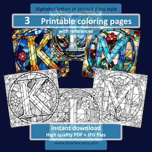 3 Alphabet K L M Letters Coloring pages with references, Stained Glass Style, For any age, Grayscale, Printable PDF, JPG, Digital AI Art