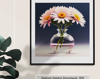Daisies in a glass vase_1. Digital Art, printable, JPG, 300dpi. Wall decor,For Home,room,kitchen, decor. AI generated, AIArt. #_01.