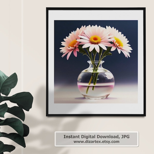Daisies in a glass vase_1. Digital Art, printable, JPG, 300dpi. Wall decor,For Home,room,kitchen, decor. AI generated, AIArt. #_01.