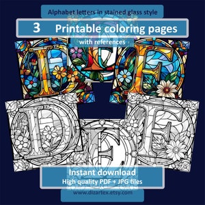 3 Alphabet D E F Letters Coloring pages with references, Stained Glass Style, For any age, Grayscale, Printable PDF, JPG, Digital AI Art