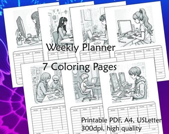 Sitting at the Computer, Easy Weekly Planner, 7 Coloring Pages, Bundle. Printable PDF, 300dpi. Planner for home, for office, for school.