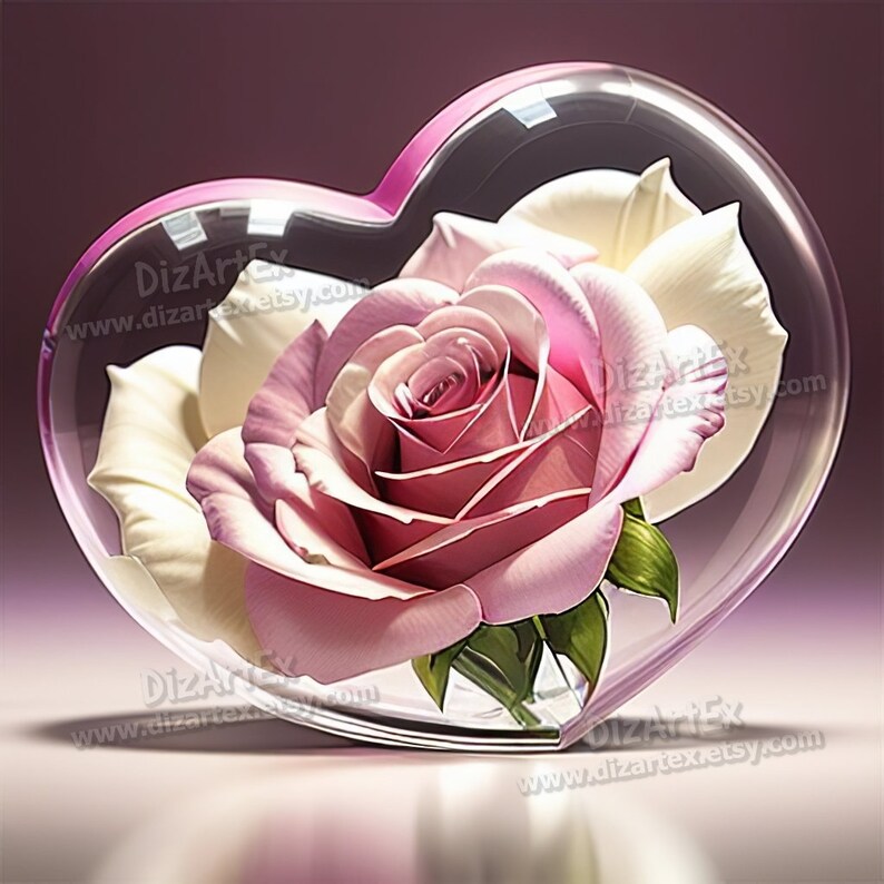 May include: A single pink rose is encased in a clear heart-shaped glass container. The rose is surrounded by white petals and has a green stem and leaves.