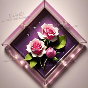 May include: A framed artwork featuring two pink roses with green leaves on a purple background with silver glitter. The frame is pink and has a beveled edge. The text "DizArtEx www.dizart.etsy.com" is visible in the bottom right corner.