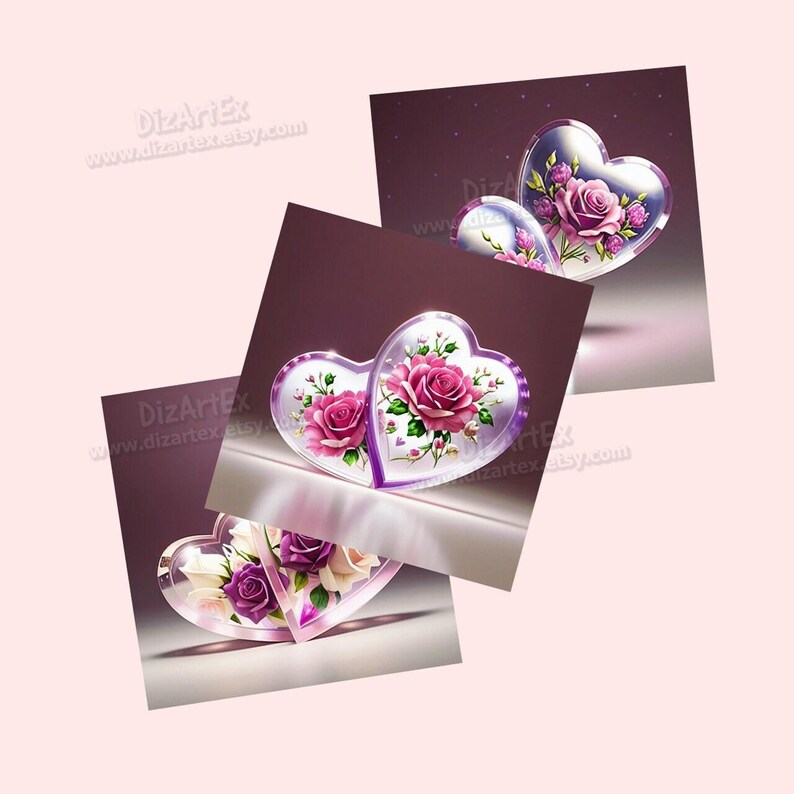 May include: Three images of purple glass hearts with pink roses painted inside. The hearts are on a white surface with a purple background.