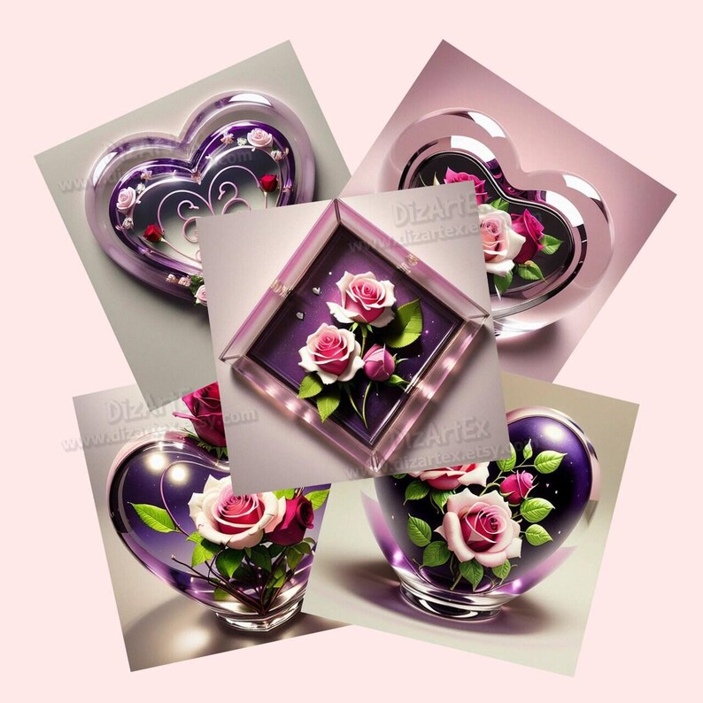 May include: Five heart-shaped glass containers with purple interiors and pink roses inside. The containers are arranged in a collage.