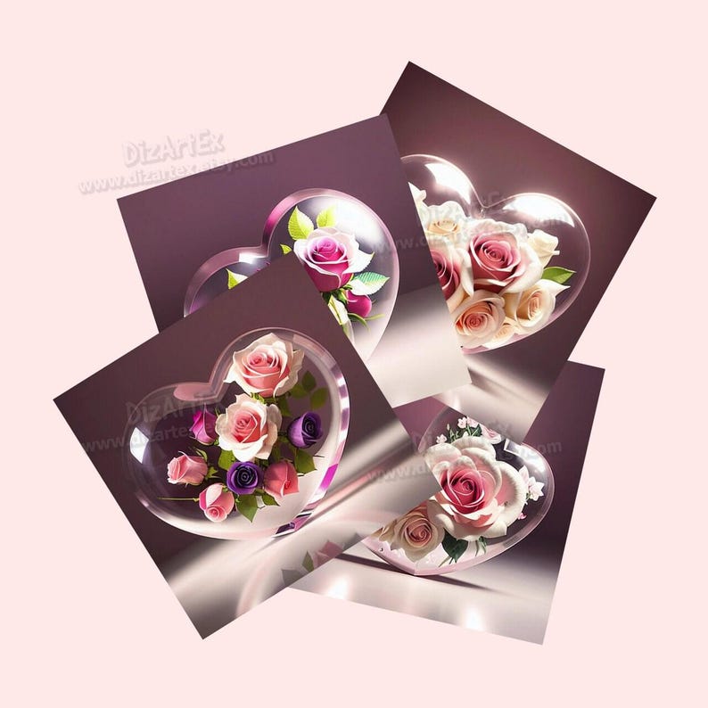 May include: Four heart-shaped glass containers with pink and white roses inside. The containers are stacked on top of each other, creating a layered effect.