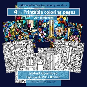 4 Alphabet G H I J Letters Coloring pages with references, Stained Glass Style, For any age, Grayscale, Printable PDF, JPG, Digital AI Art