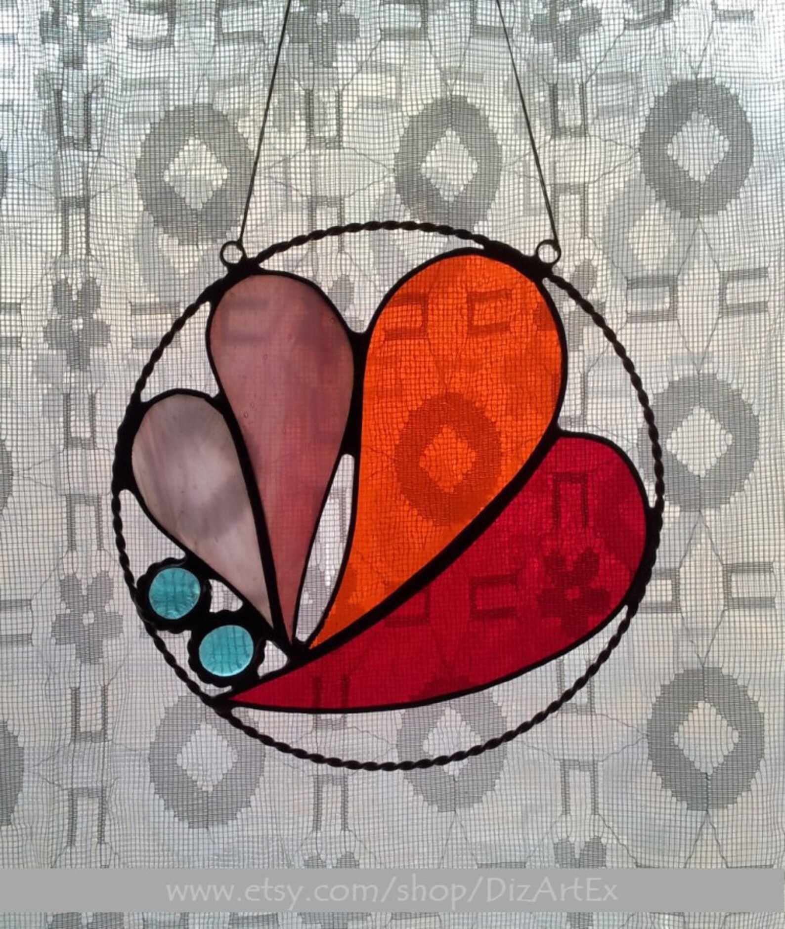 Stained Glass Round Pendant. Hearts. Pinkred. Home Decor. Etsy UK