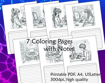 Sitting at the Computer, 7 Coloring Pages, Bundle, for Notes, Printable PDF, 300dpi, high quality. Planner for home, for office, for school.